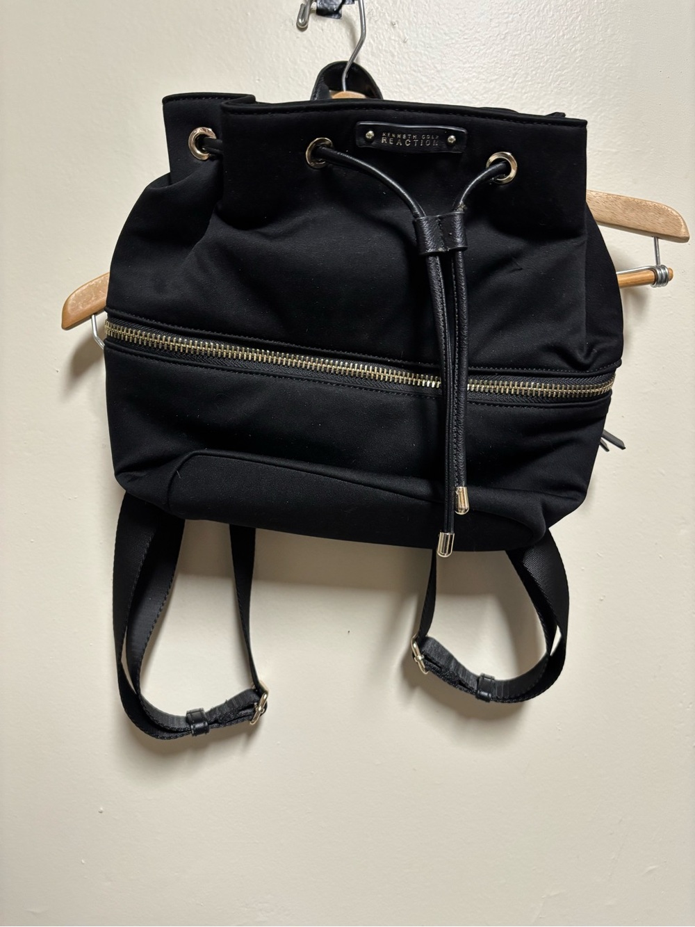 Kenneth Cole Reaction Black Drawstring Backpack with Gold Hardware